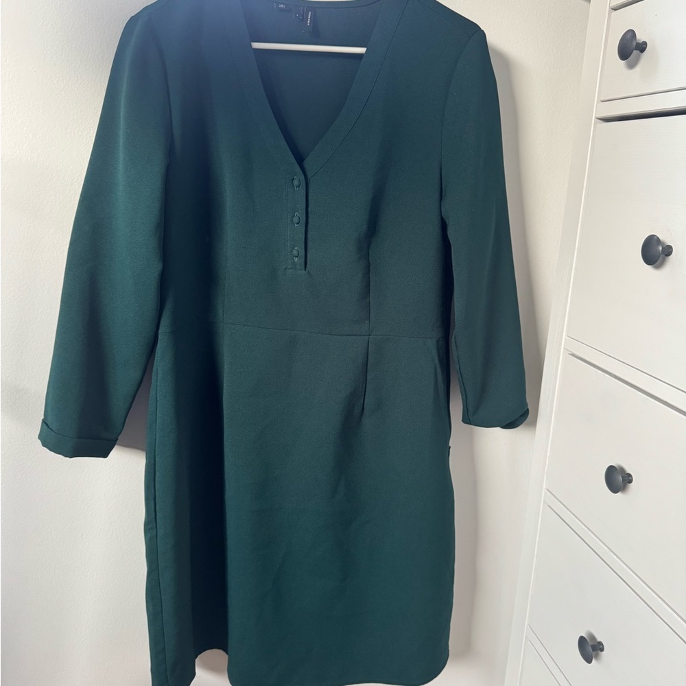 Vero Moda Green Sheath Dress V-Neck 3/4 Sleeve Work